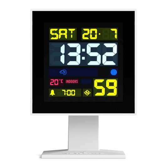 White LCD alarm clock on stand with bright green digital time display