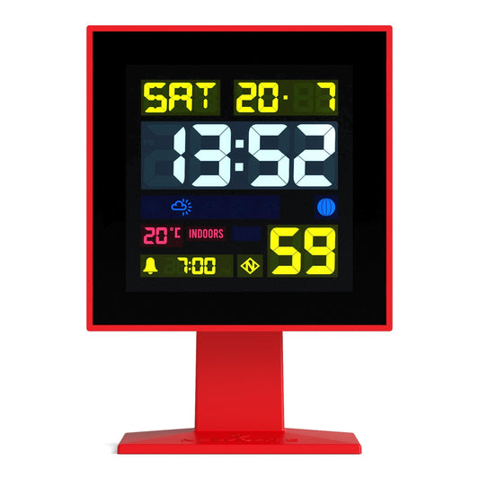 Red LCD alarm clock front view with illuminated time and settings details.