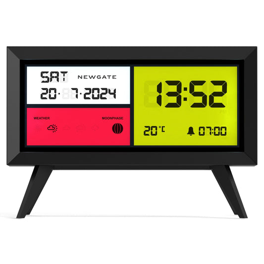 Matte black LCD alarm clock with dual-color screen for time and date
