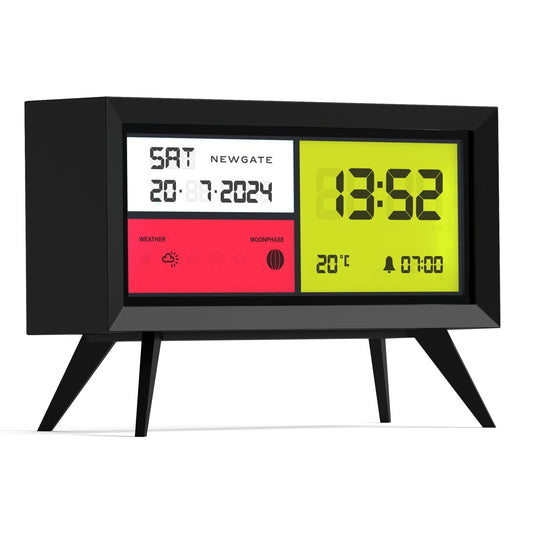 Matte black LCD alarm clock on three legs, green time and red panel