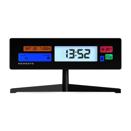 Matte black LCD alarm clock with large 12:58 display and side indicators