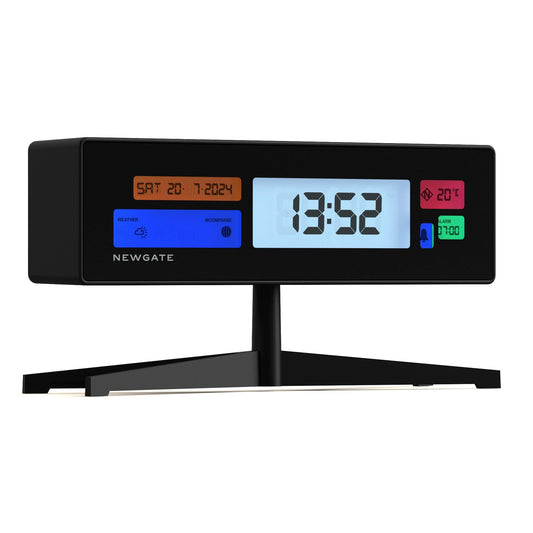 Matte black LCD alarm clock showing 12:58 with blue and red side LCD panels