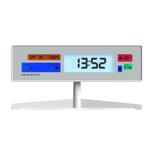 Matte white LCD alarm clock with large digital time display and two side screens