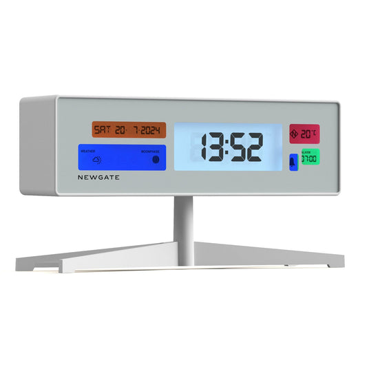 Matte white LCD alarm clock with time digits, left menu panel, and right temperature display