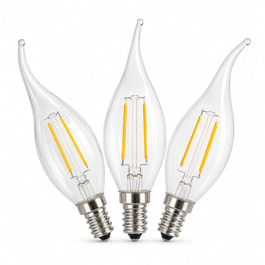 Flame-tip LED bulbs, clear glass, E14 base, warm white filament (3-pack)