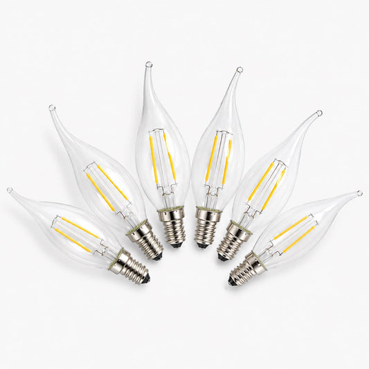 Flame-tip LED bulbs, clear glass, E14 base, warm white filament (6-pack)