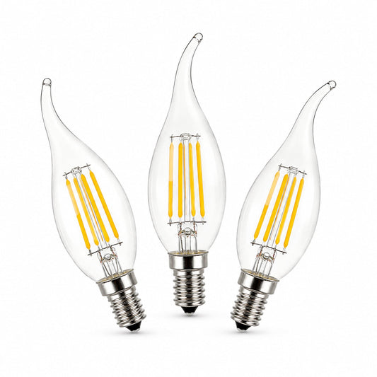 LED E14 flame-tip LED bulb with warm white filament bars in clear glass