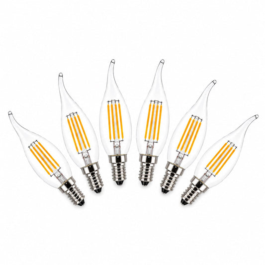 Clear E14 flame-tip LED bulbs with warm white vertical filament coils, set of 5