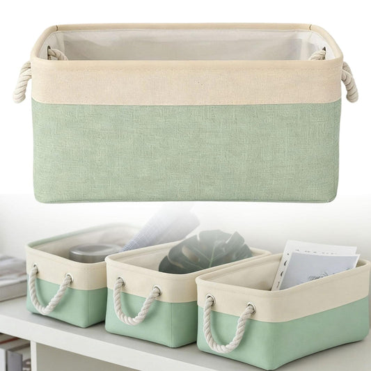 Light blue fabric storage box with rope handles, open top for storing folded items