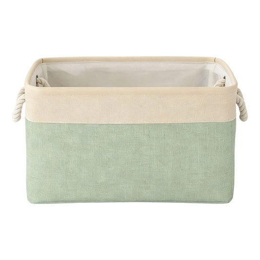 Light green fabric storage box with rope handles and open top