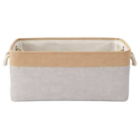 Light gray fabric storage box with rope handles and open top interior