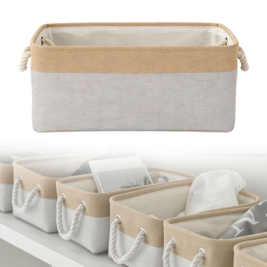 Set of light gray fabric storage boxes with rope handles, open top