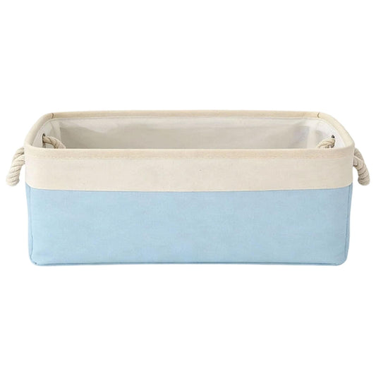 Light gray fabric storage box with rope handles and open top interior.