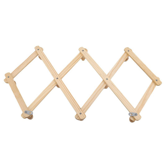 Wooden wall-mounted folding coat rack with diamond frame and round pegs, light beige