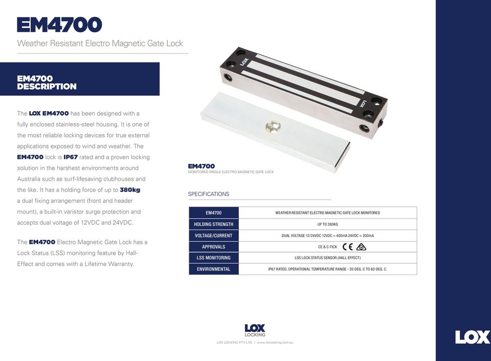 LOX EM4700 Weather-Resistant Electric Monitored Fail Safe Mag Lock | 12/24VDC Dual Voltage, IP67 Rated, 380kg Holding Force | SKU: LOXEM4700