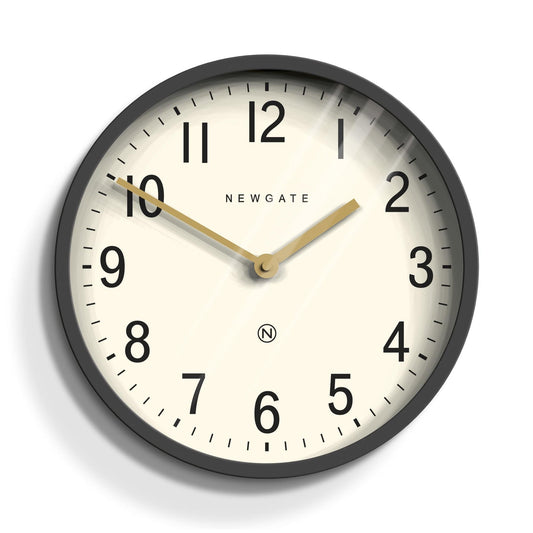 Grey wall clock with cream dial, gold hands and hour markers, Newgate logo at center