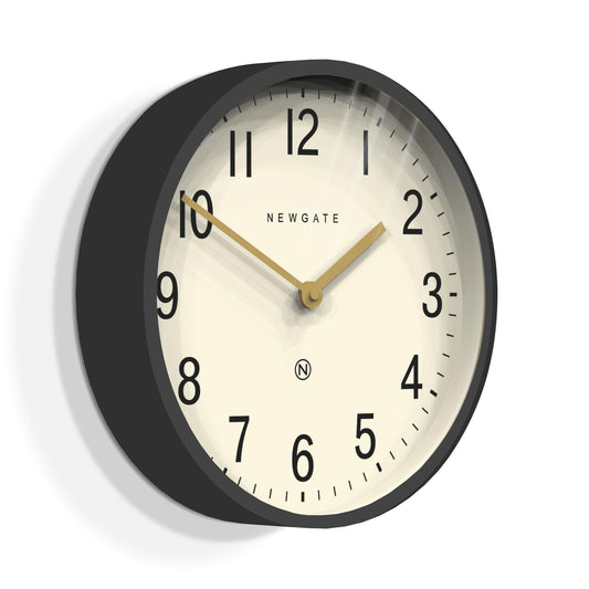 Round wall clock with dark grey frame, cream dial, gold hands and markers, Newgate logo