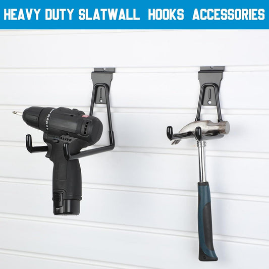 Black slatwall hooks with two curved arms and top mounting bracket, holding tools