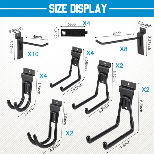 Black slatwall hook size display with curved arms and quantity labels