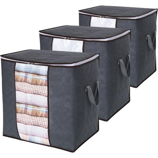 Large clothes storage bag set of three with clear window panels and carry handles, dark fabric