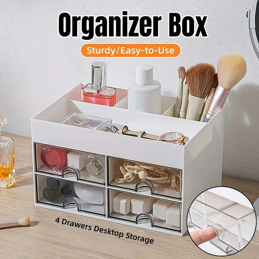 Desktop organizer box with open top compartments and front 4-drawer storage, white