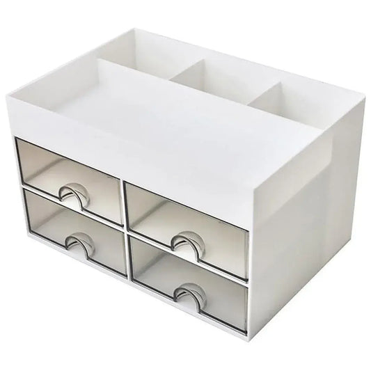 White desktop organizer box with open top tray and three front pull-out drawers