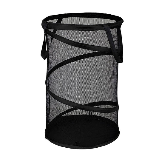 Collapsible mesh laundry hamper with carry handles, black top and rim