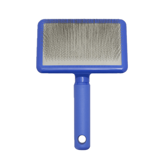 Plush Puppy long pin brush with blue handle and rectangular pin pad, pet grooming