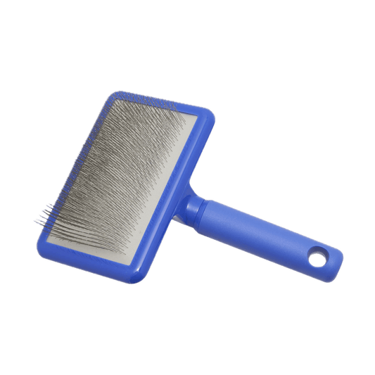 Plush Puppy long pin brush on blue handle, angled view of rectangular pin pad