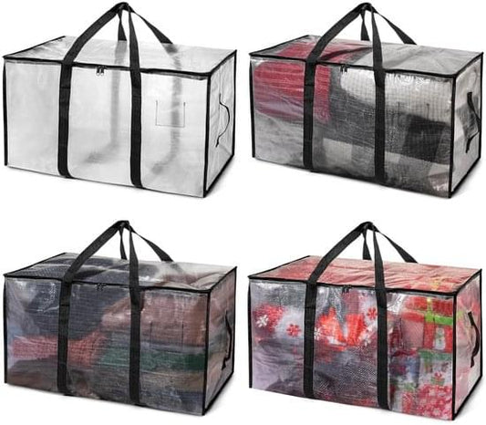 Large moving storage bag, clear fabric with black straps and zipper
