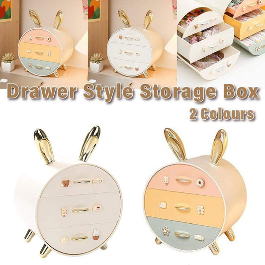 Rabbit-ear round makeup drawer organizer with gold feet, pastel striped front in pink and blue