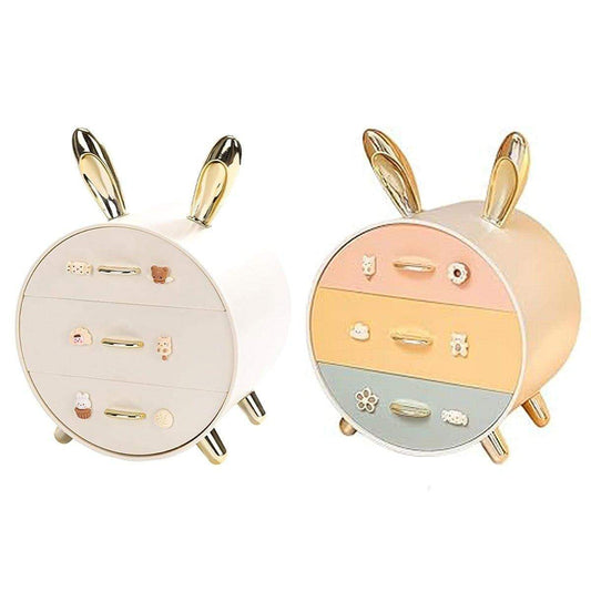 Round makeup drawer organizer with rabbit ears, two pastel fronts, cream and pink-blue stripes