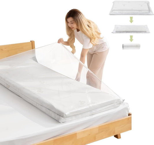 Mattress vacuum storage bag, transparent with zipper closure and waterproof film