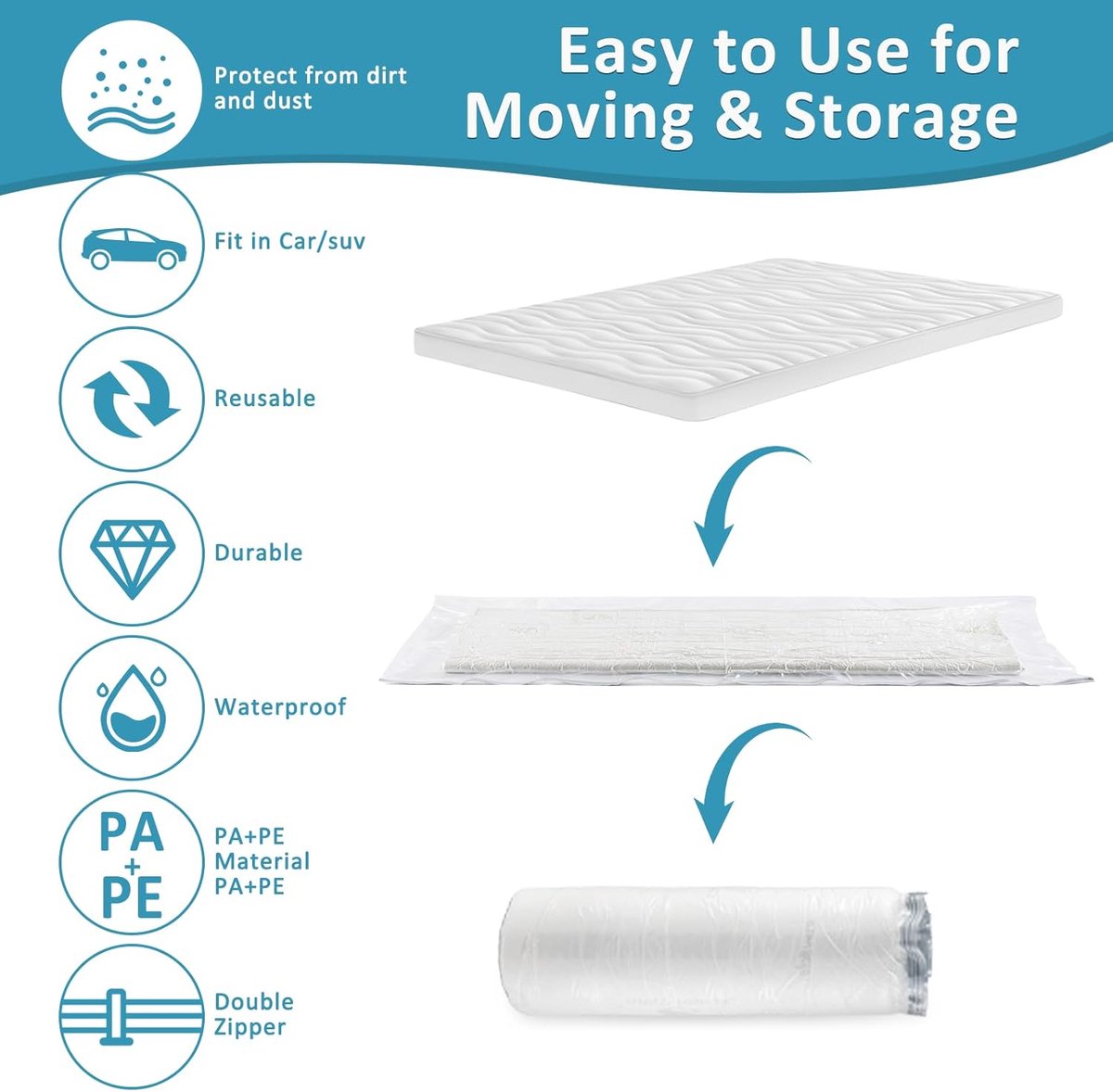 Large vacuum storage bags - 220*100cm - vacuum mattress bag - waterproof - resealable - with zipper - reusable - space-saving bags - vacuum seal - for mattresses, clothing - vacuum pump not included - transparent