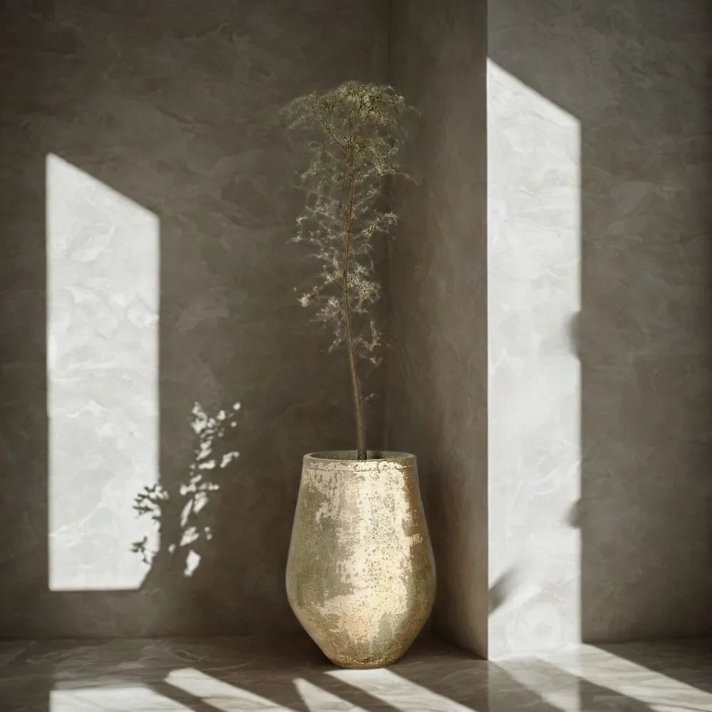Textured speckled ceramic planter pot with leafy plant, muted gray-green finish