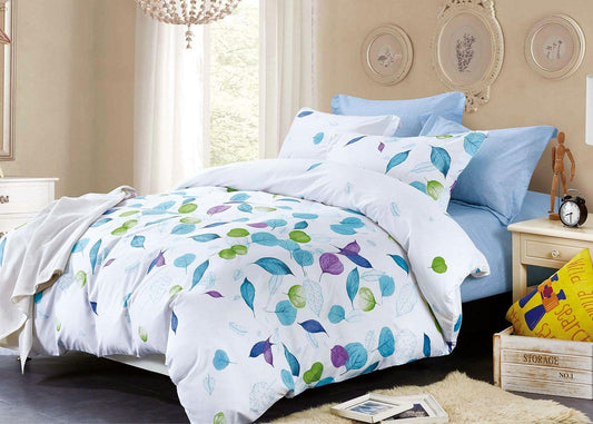 Single duvet cover set with multicolor leaf print on white and matching pillowcases