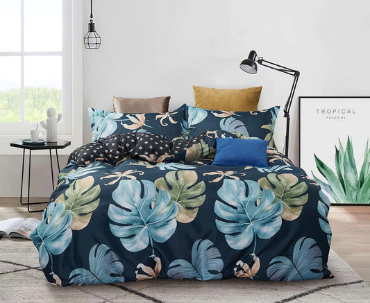 Leaf-pattern duvet cover set, dark blue with large light-blue leaf prints