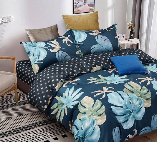Leaf and dot-pattern duvet cover set with dark blue geometric and blue leaf prints