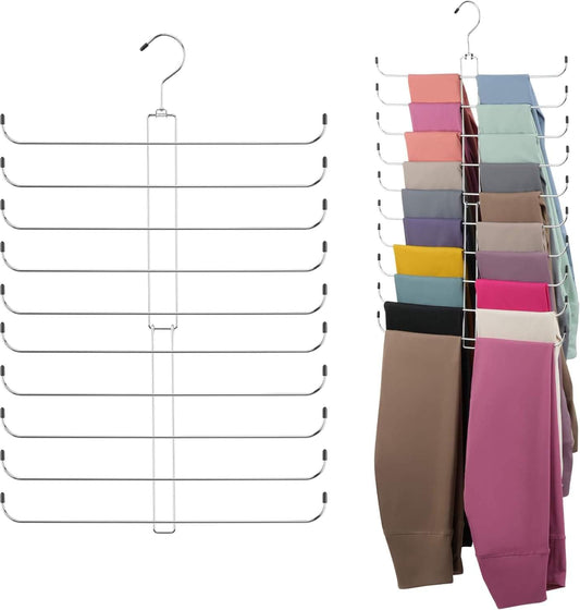 Legging organizer with silver hangers holding mixed-color leggings
