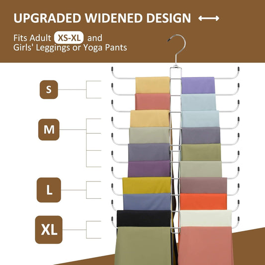 Legging organizer with silver frame and hangers displaying assorted leggings colors