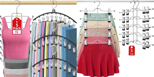 Closet hanger set with arched clips holding tank tops and skirts on a bar