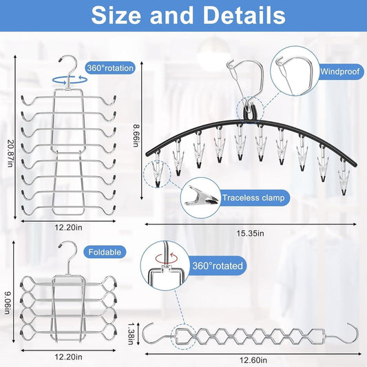 Skirt hanger diagram with rotating hooks, traceable clamp, and folded dimensions