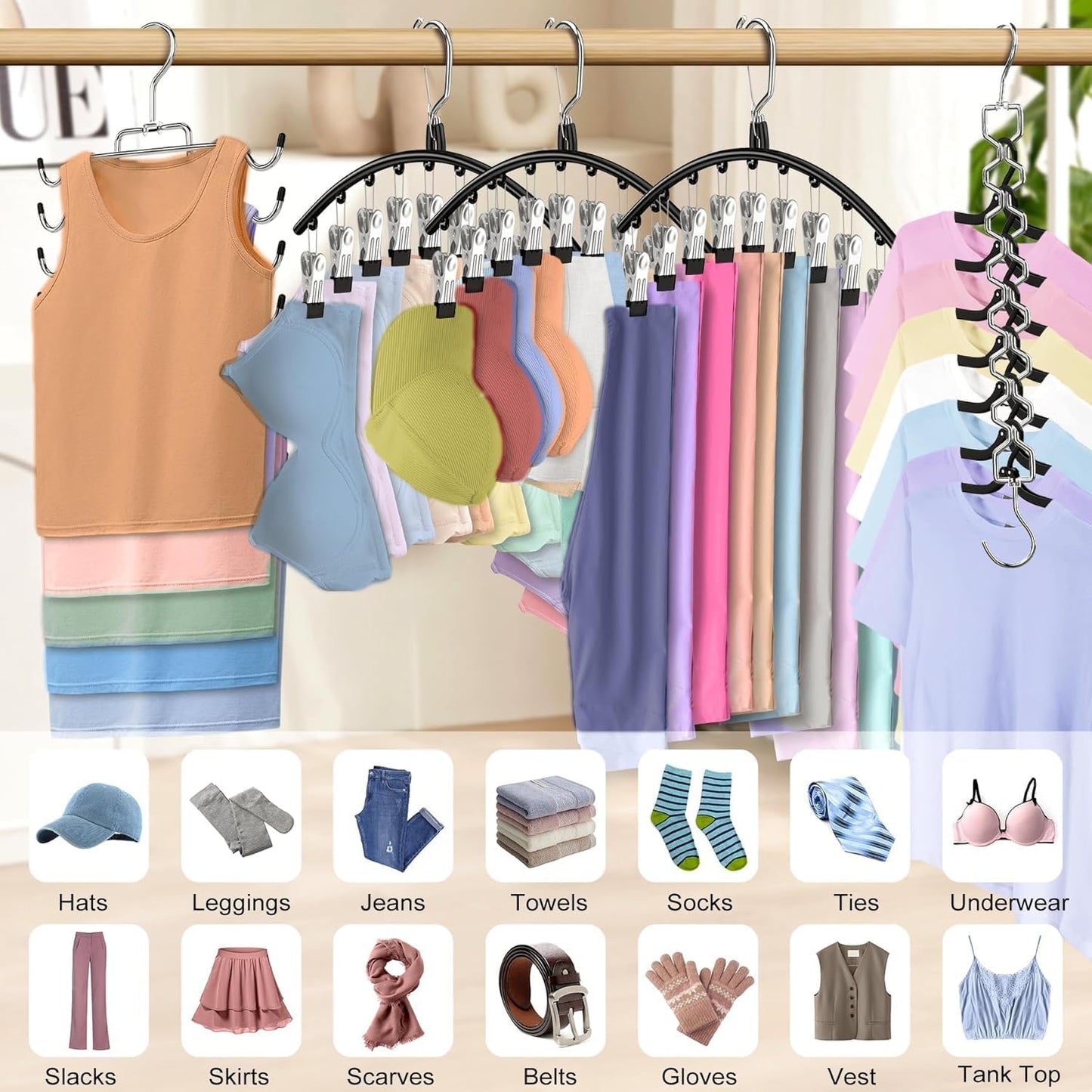 Legging Organizer for Closet Hanging, 3 Pants Leggings Hangers with 30 Clips, 2 Pack Pant Hangers Skirt Hangers, 1 Tank Top Hanger, 1 Metal Magic Space Saving Hangers Closet Organizers and Storage