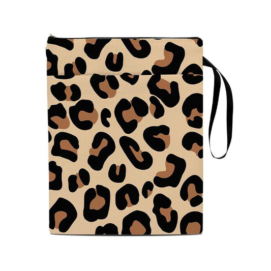 Leopard print book sleeve with zip top and wrist strap, tan and black pattern