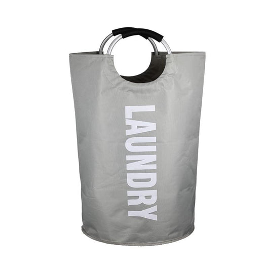 Light gray fabric laundry hamper with circular handles and open top
