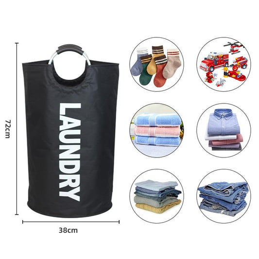 Black fabric laundry hamper with round handles and open top