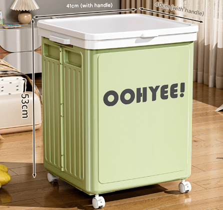 Light green foldable storage box with lid and four caster wheels, large bin