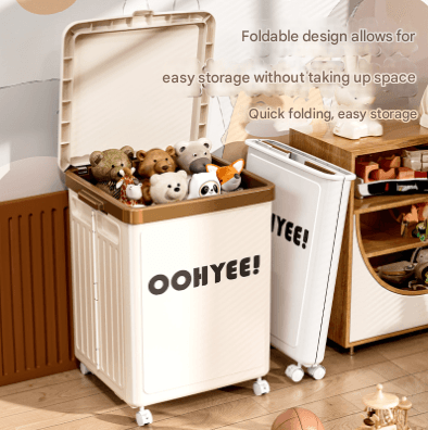 Cream foldable storage box with lid open, storing stuffed animals and toys
