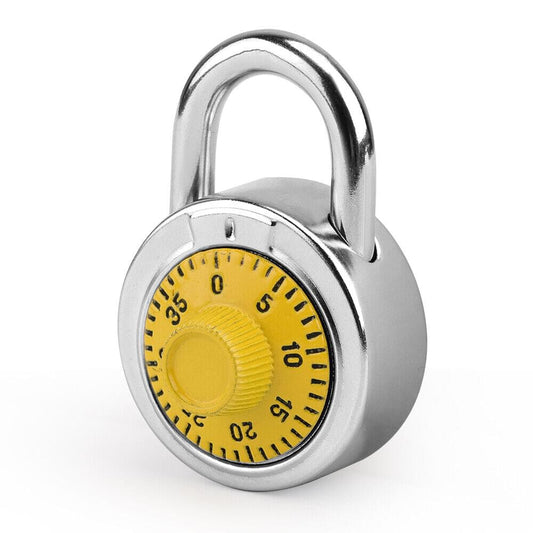 Silver 3-digit dial combination padlock with yellow number dial and U-shaped shackle