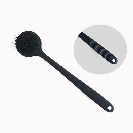 Black silicone shower back scrub brush with long handle and circular massage head
